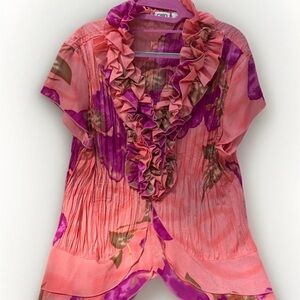 Cato Pink and Purple Floral Ruffled Blouse